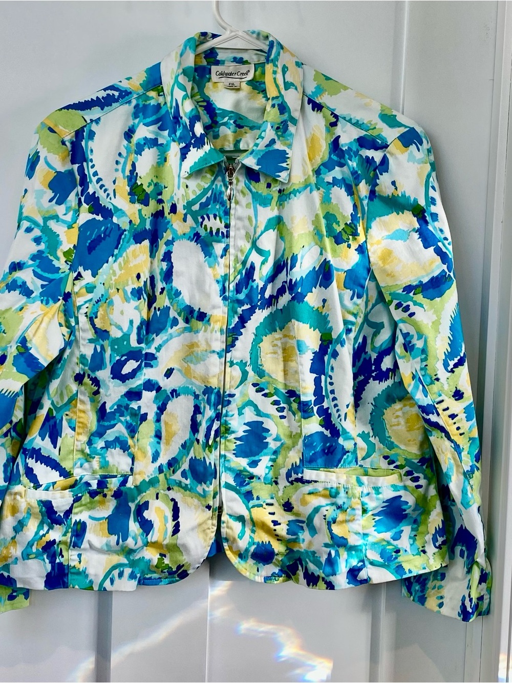 Coldwater Creek Women's Blue Teal Green Yellow Printed Zip Jacket